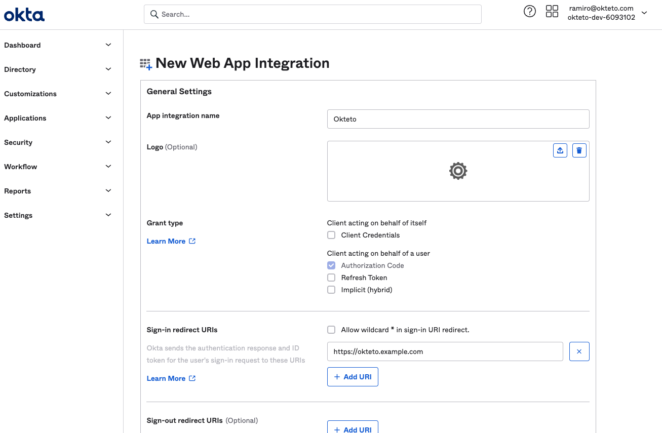 Create the new app integration